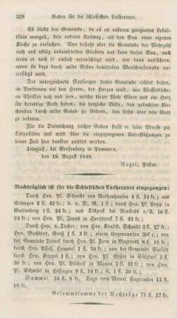 328 Nachträglich für die Schlesischen Lutheraner eingegangen