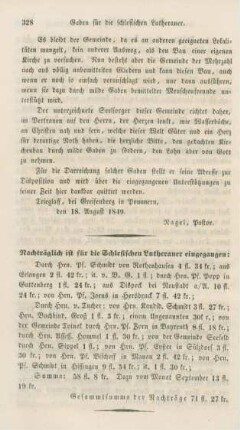 328 Nachträglich für die Schlesischen Lutheraner eingegangen