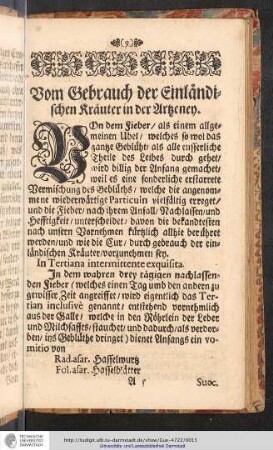 Vom Gebrauch der Einländischen Kräuter in der Artzney