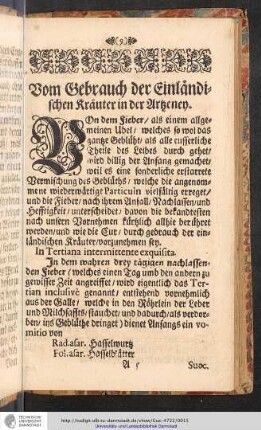 Vom Gebrauch der Einländischen Kräuter in der Artzney