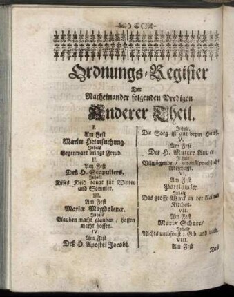 Ordnungs-Register Der Nacheinander folgenden Predigen Anderer Theil.