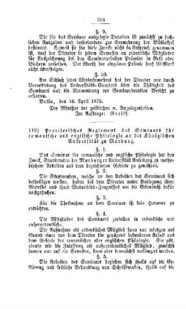Provisorisches Reglement des Seminars für romanische und englische Philologie an der Königlichen Universität zu Marburg : [II. Universitäten]