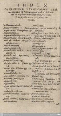 INDEX OSTENDENS TERMINORUM GEO-metricorum & Astronomicorum/ vel definitiones vel explicationes uberiores, vel usum, vel aequipollentiam, vel alias cautiones.