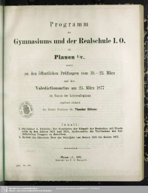 1876/77: Programm des Gymnasiums und der Realschule I. Ordnung zu Plauen