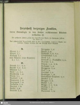 Verzeichnis derjenigen Familien, deren Genealogie in den bisher erschienenen Bänden enthalten ist