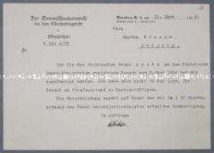 Schreiben des Generalstaatsanwaltes an Frau Martha Krause zur Ablehnung eines Gesuches um Strafaussetzung für Bruno Apitz - Personenkonvolut