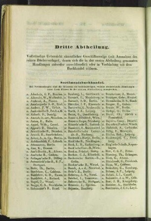 Dritte Abtheilung. Vollständige Uebersicht sämmtlicher Geschäftszweige (mit Ausnahme des reinen Bücherverlags), denen sich die in der ersten Abtheilung genannten Handlungen entweder ausschliesslich oder in Verbindung mit dem Buchhandel widmen