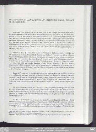 Austrian Diplomacy And The Mt. Lebanon Crisis In The Age Of Metternich