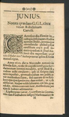 Junius. Notata quedam G.G. L. circa vitam & doctrinam Cartesii.