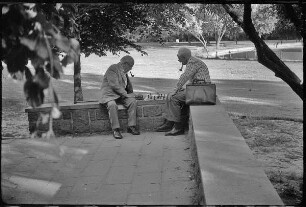 Zwei alte Männer spielen Schach im Park