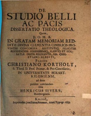 De Studio Belli Ac Pacis Dissertatio Theologica