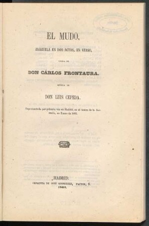 El mudo : zarzuela en dos actos, en verso
