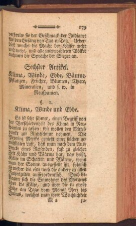 Sechster Artikel. Klima, Winde, Moräste, Bäume, Pflanzen, Früchte, Blumen, Thiere, Mineralien u.s.w. von Neuspanien