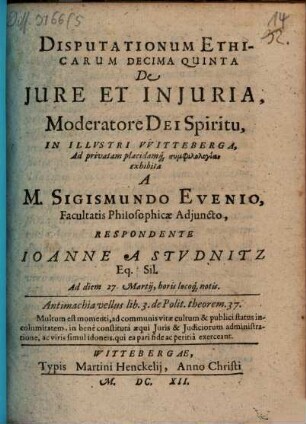 Disputationum Ethicarum Decima Quinta De Iure Et Iniuria