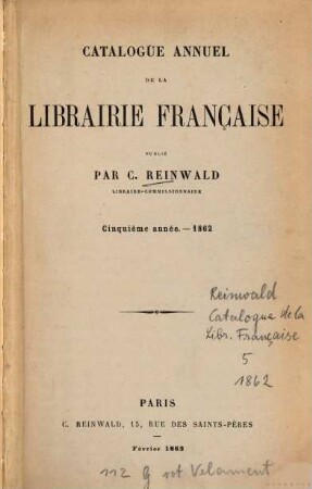 Catalogue annuel de la librairie française pour, 5