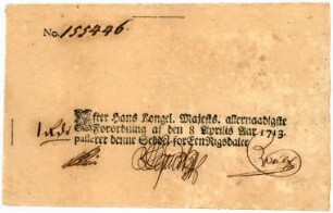 Geldschein, 1 Rigsdaler, Ausgegeben nach dem Gesetz vom 8.4.1713