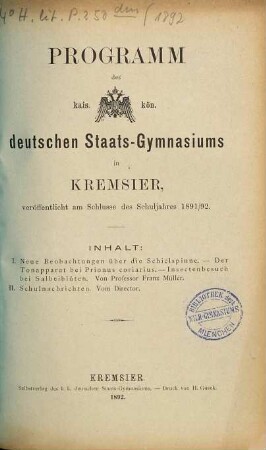 Programm des Kais.-Kön. Deutschen Staats-Gymnasiums in Kremsier : veröffentlicht am Schlusse des Schuljahres ..., 1891/92