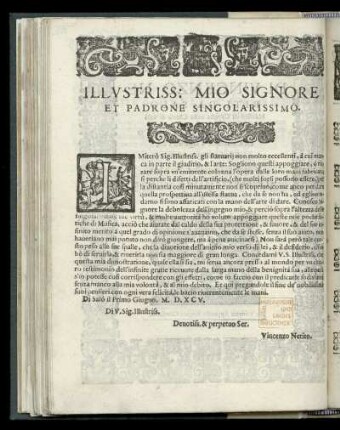 Dedikation an Mio Signore et Padrone Singolarissimo [= Marchese Pallavicino]