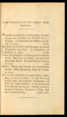 Neue Schriften vom Herausgeber dieser Gedichte