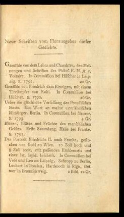 Neue Schriften vom Herausgeber dieser Gedichte