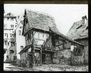 Alemannisches Fachwerk, bei der alten Röhre, Radierung W. Weisser