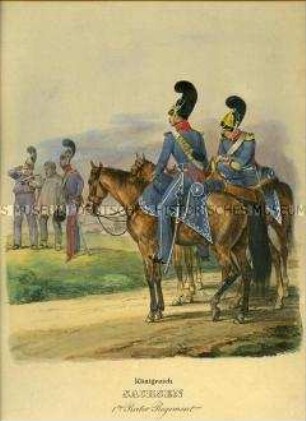 Uniformdarstellung, Gemeine des 1. Reiter-Regiments zu Pferd, Bauer, Königreich Sachsen, 1838/1843. Tafel 81 im Buch: Eckert/Monten: Das deutsche Bundesheer.
