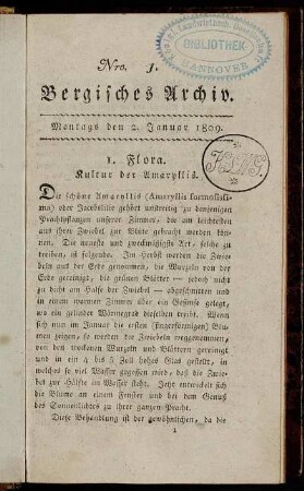 Nro. 1. Bergisches Archiv. Montags den 2. Januar 1809. - No. 2. Bergisches Archiv. Montags den 9. Januar 1809.