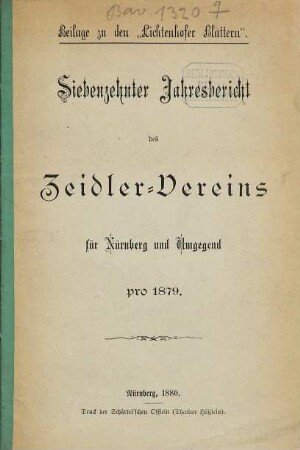 Jahresbericht des Zeidler-Vereins für Nürnberg und Umgegend, 1879 = Jahresbericht 17