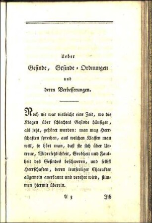 Ueber Gesinde, Gesinde-Ordnungen und deren Verbesserungen.