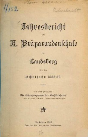 Jahresbericht der Präparandenschule Landsberg a. Lech. 1888/89
