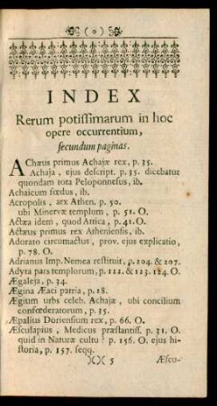 Index Rerum potissimarum in hoc opere occurrentium, secundum paginas.