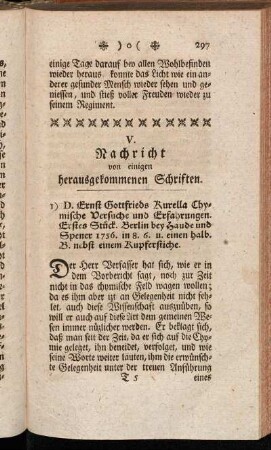 V. Nachricht von einigen herausgekommenen Schriften.