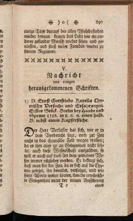 V. Nachricht von einigen herausgekommenen Schriften.