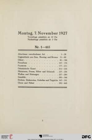 Montag, vormittags ab 10 Uhr und nachmittags ab 3 Uhr (Nr. 1-465)