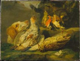 Stillleben mit Jagdhund und toten Vögeln