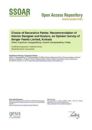 Choice of Decorative Paints: Recommendation of Interior Designer and Dealers, an Opinion Survey of Berger Paints Limited, Kolkata