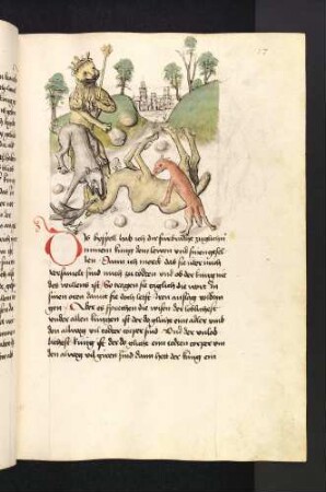 Wolf, Rabe und Fuchs erlegen das Kamel als Speise für sich selbst und den Löwen; (Kapitel II: Von dem Löwen und dem Ochsen).