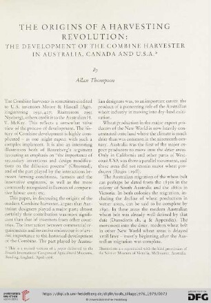The origins of a harvesting revolution : the development of the combine harvester in Australia, Canada and U.S.A.