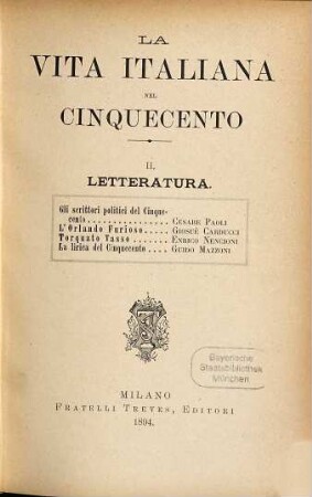 La Vita Italiana nel Cinquecento, II