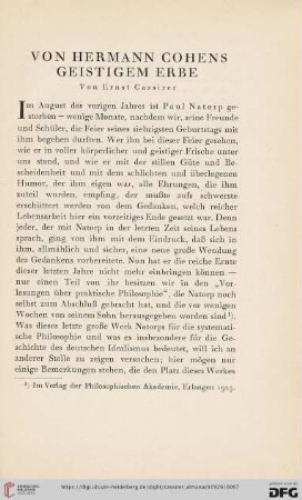 Von Hermann Cohens geistigem Erbe
