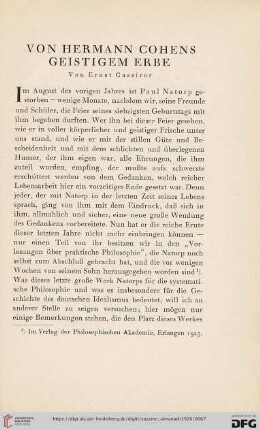 Von Hermann Cohens geistigem Erbe
