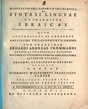 Dissertatio Philosophico Philologica De Syntaxi Lingvae Et Praecipve Ebraicae
