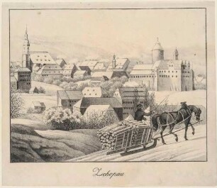 Die Stadt Zschopau und das Schloss Wildeck im Erzgebirge von Südwesten im Winter mit Pferdeschlitten im Vordergrund