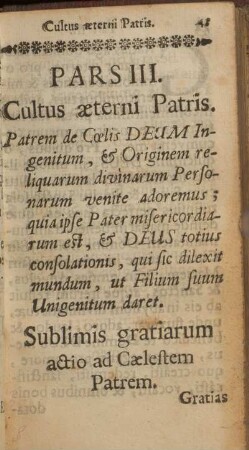 Pars III. Cultus æterni Patris.