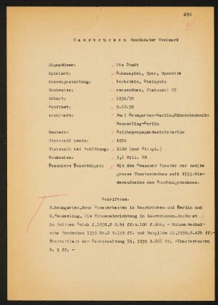 Gautheater Westmark (auch: Grenzlandtheater Saarpfalz, Saarländisches Staatstheater), Saarbrücken: Schriftstück zum Fragebogen für das Handbuch »Das Deutsche Theater«