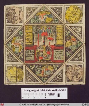 Kreuzigung umgeben von biblischen Szenen und Memento Mori-Motiven.
