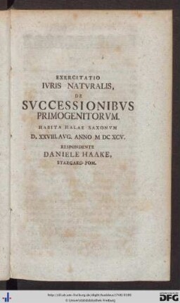 III. Exercitatio Iuris Naturalis, De Successionibus Primogenitorum.