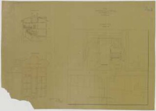 Thiersch, August ; München - Schwabing; Kath. Pfarrkirche St. Ursula - Lageplan, Grundriss Keller, Querschnitt