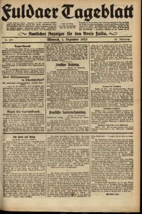 Ausgabe vom Mittwoch, den 01. Dezember 1920.