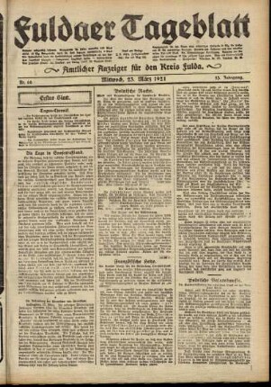 Erste Ausgabe vom Mittwoch, den 23. März 1921.
